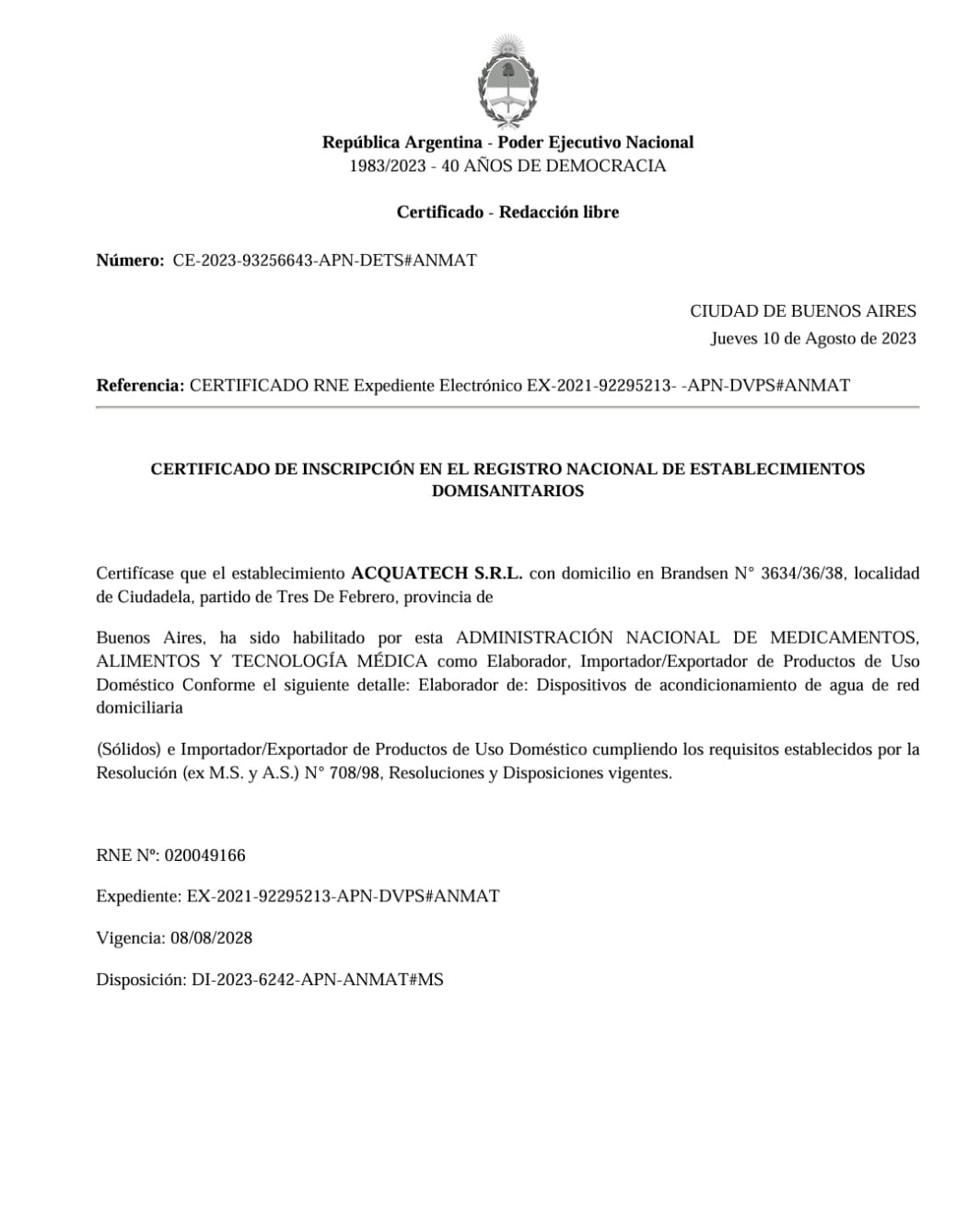 Certificado ANMAT 365 WATER